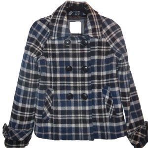 Pea Coat MEDIUM Wool Blend Navy Blue Plaid Winter Jacket